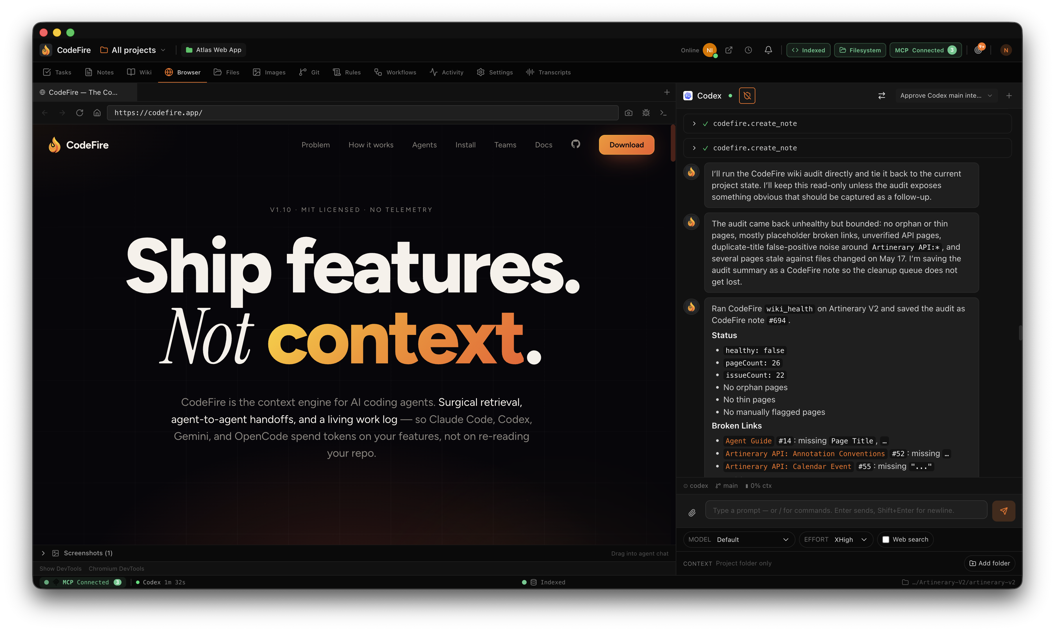 CodeFire app — integrated browser, agent chat, and project workspace
