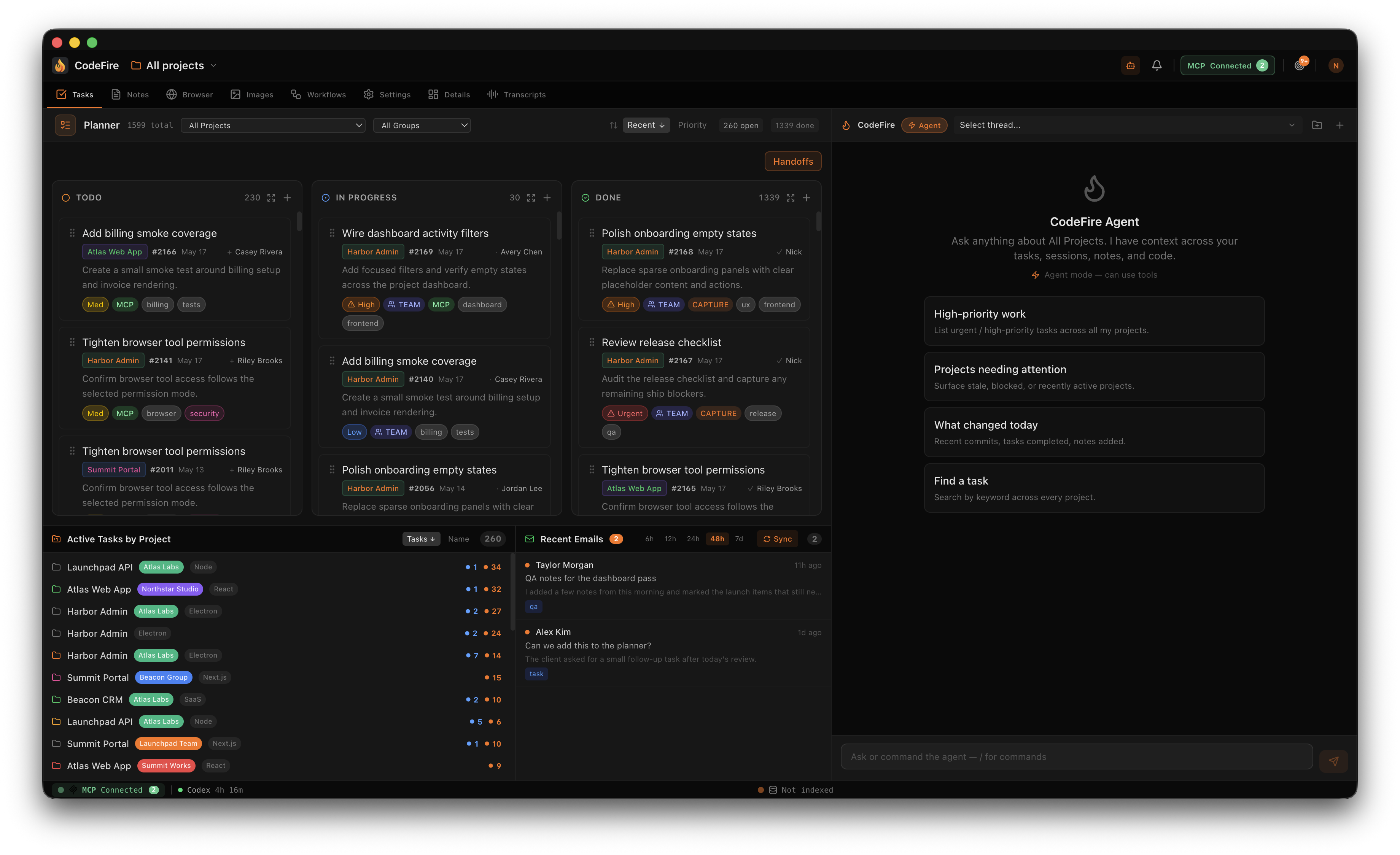 CodeFire Planner — cross-project Kanban with active tasks, emails, and planner agent
