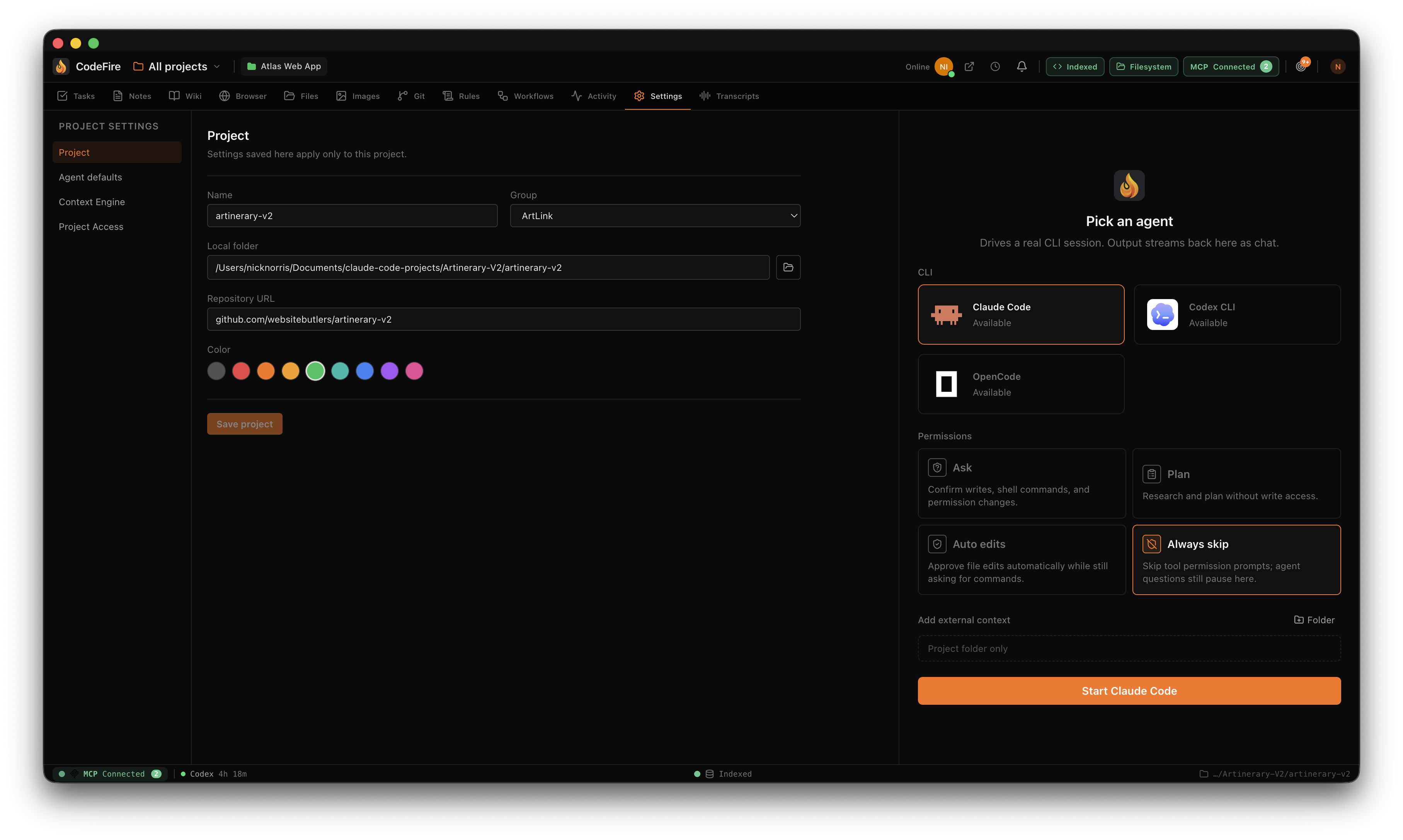 CodeFire — per-project settings with agent defaults and permissions