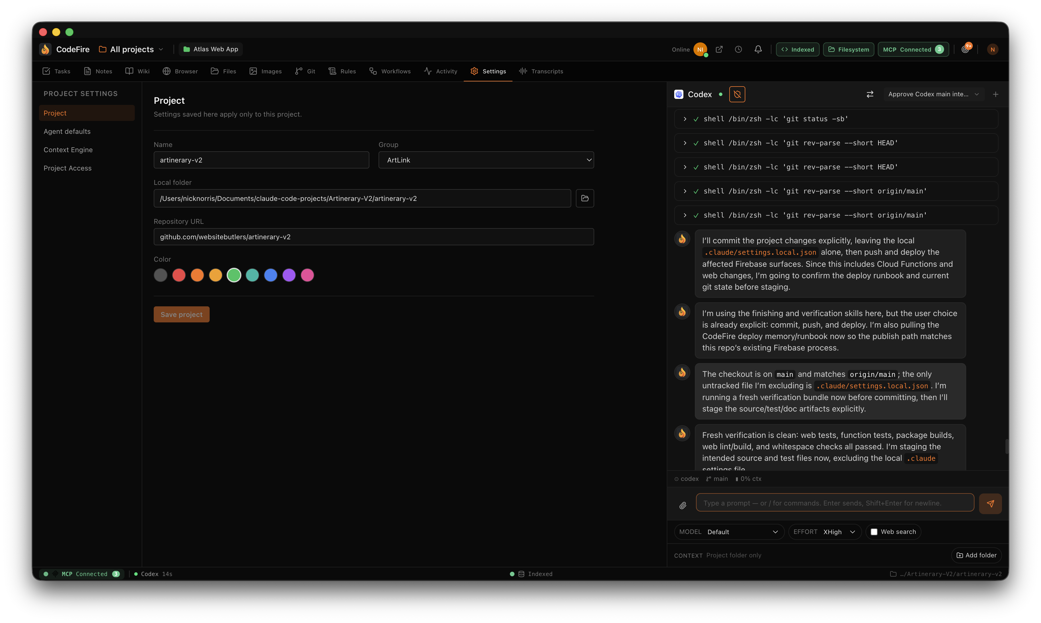 CodeFire — Codex CLI streaming a real git workflow in the agent chat panel