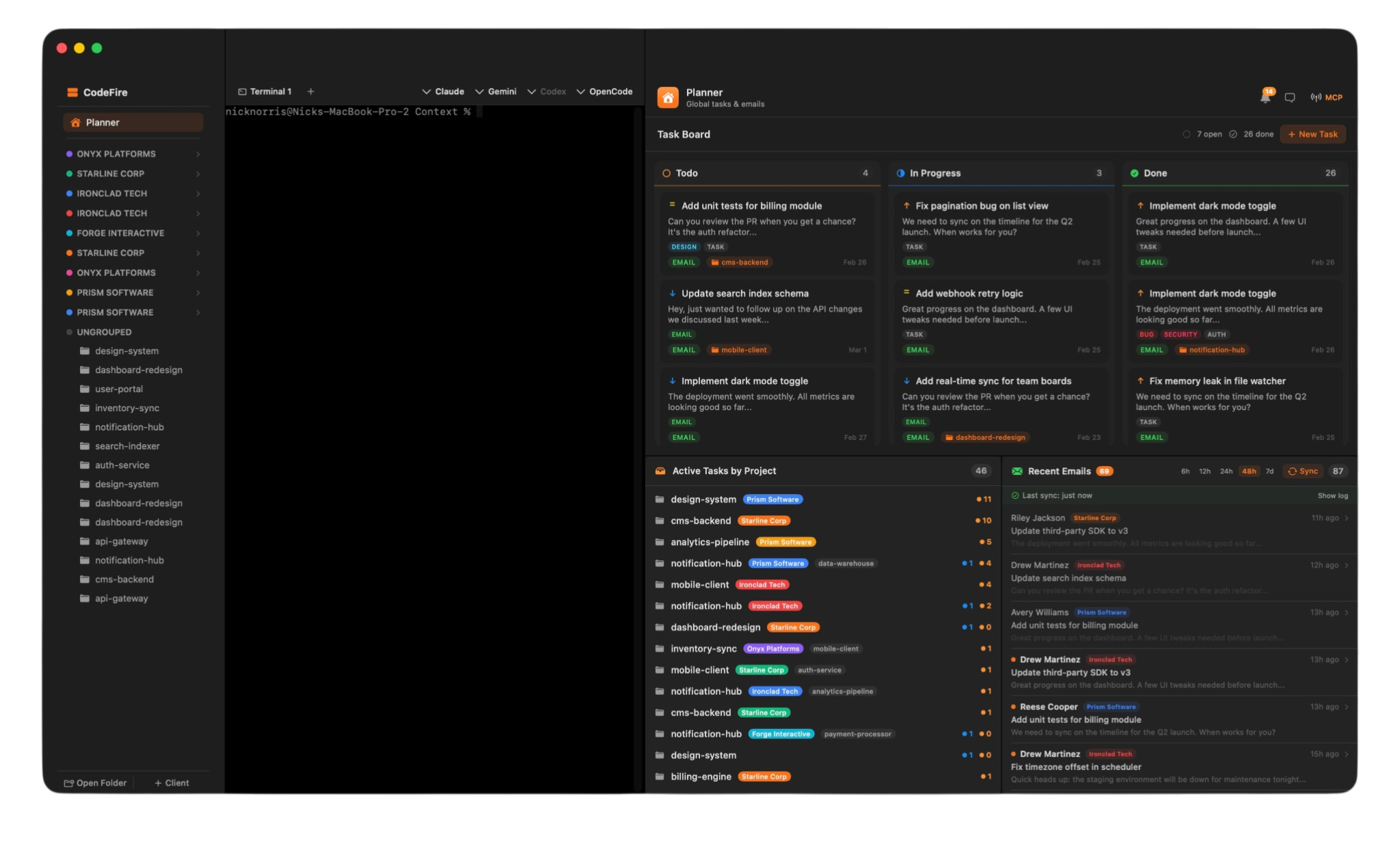 CodeFire — Planner view with Kanban board, task tracking, and project intelligence