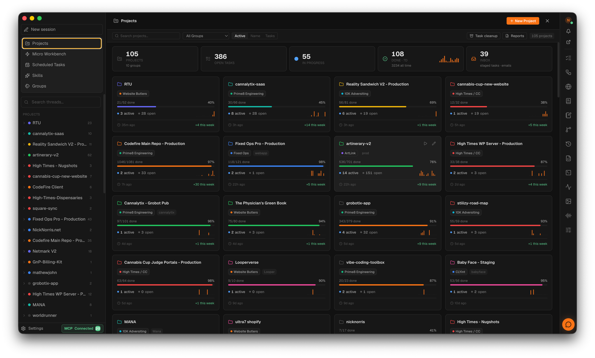 CodeFire projects dashboard — 105 projects grouped by client with live agents, open tasks, and weekly progress on every card