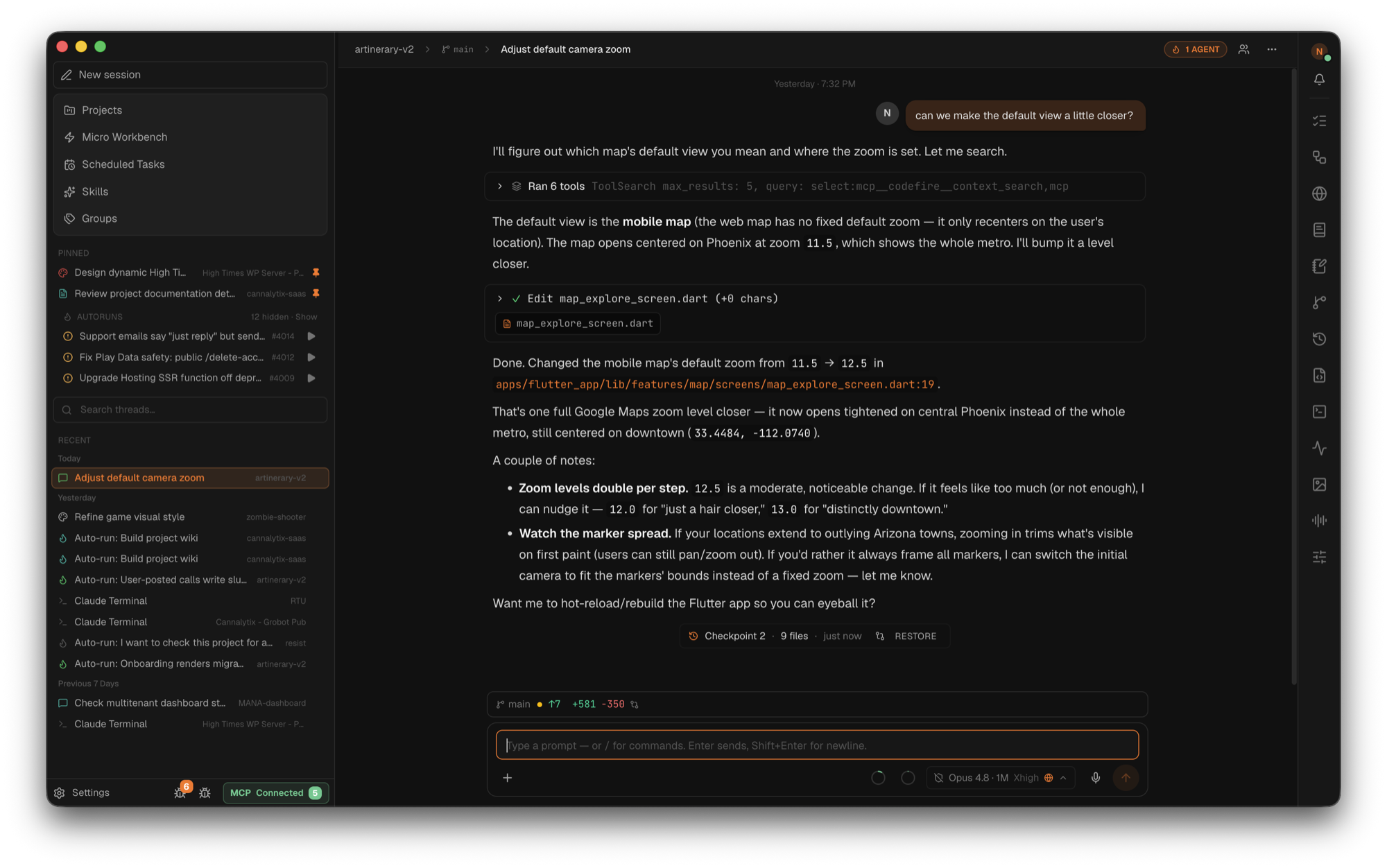 CodeFire agent chat — a live session streaming edits, with model picker and per-session permissions in the composer