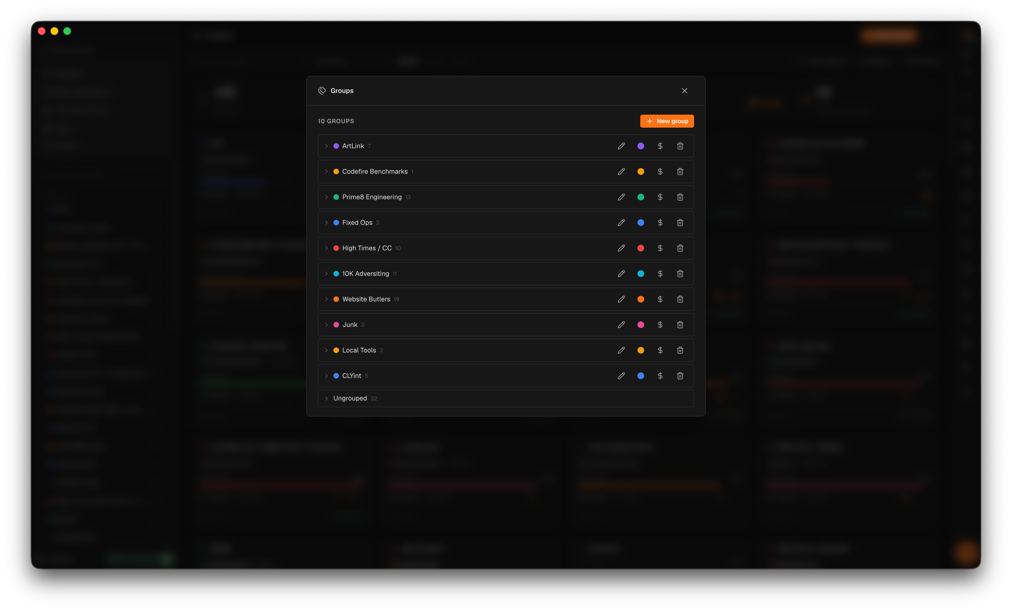 CodeFire Groups — ten client groups with colors, project counts, and per-group billing controls