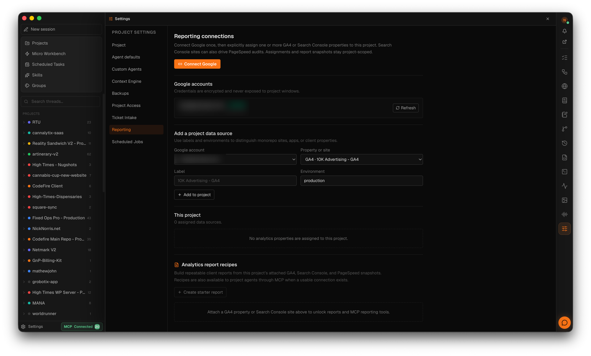 CodeFire reporting connections — Connect Google, assign GA4 and Search Console properties to a project, and build analytics report recipes
