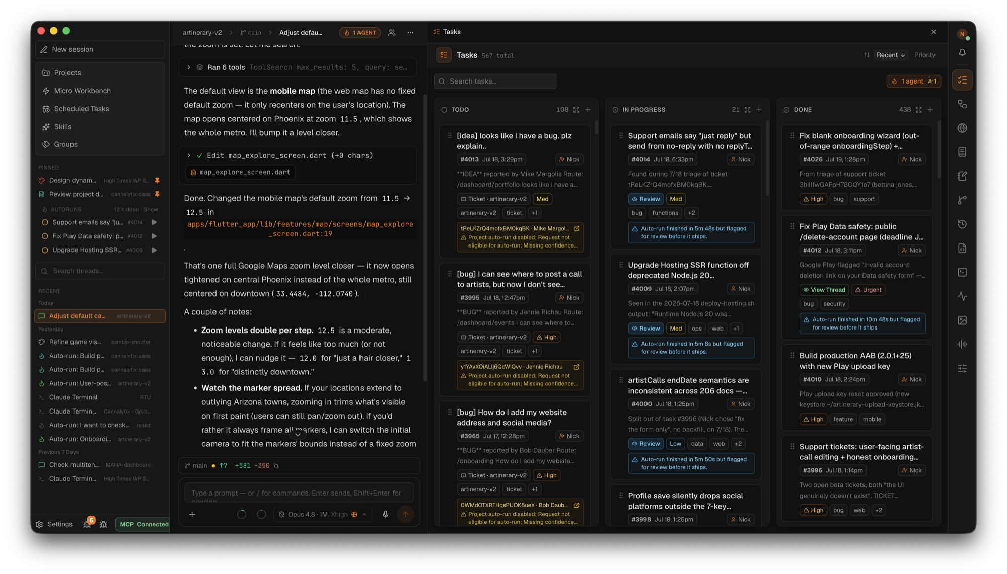 CodeFire workbench — agent chat with the project sidebar and the Tasks kanban drawer docked beside it