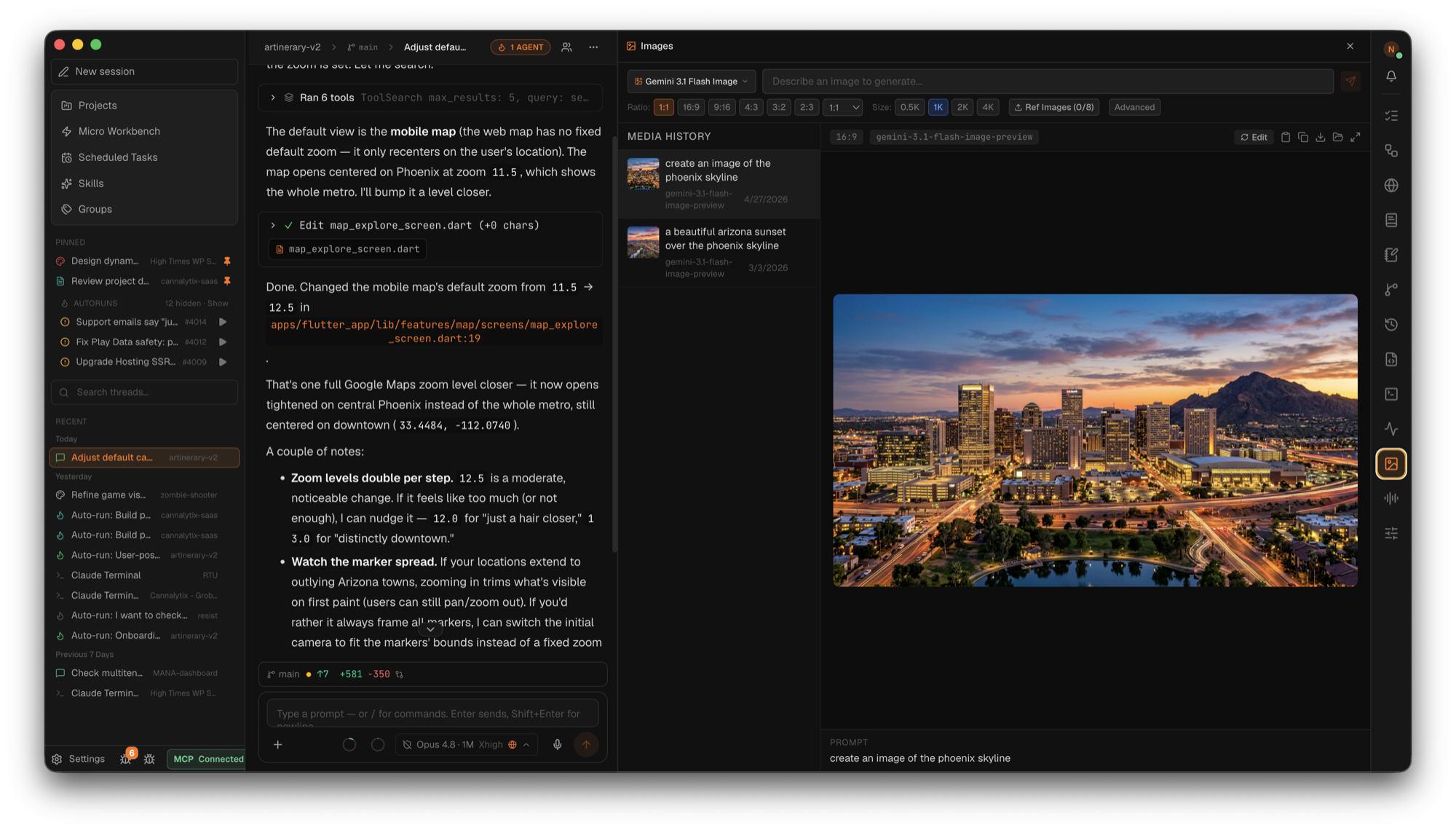 CodeFire Images drawer — AI image generation with aspect-ratio presets and media history