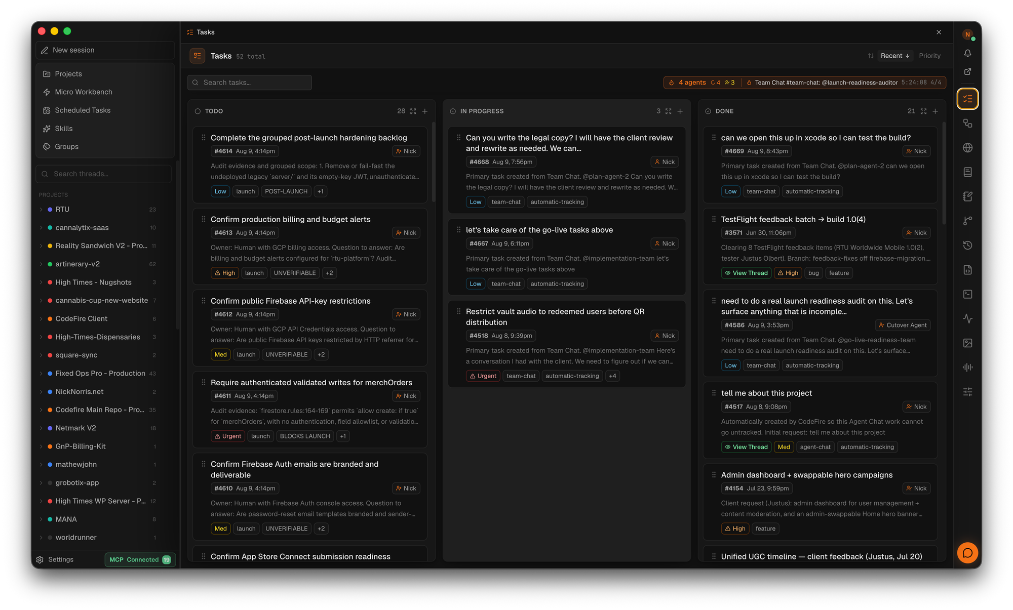 CodeFire Tasks board — 52 tasks across To-do, In Progress, and Done, with agents running and tasks auto-tracked from Team Chat