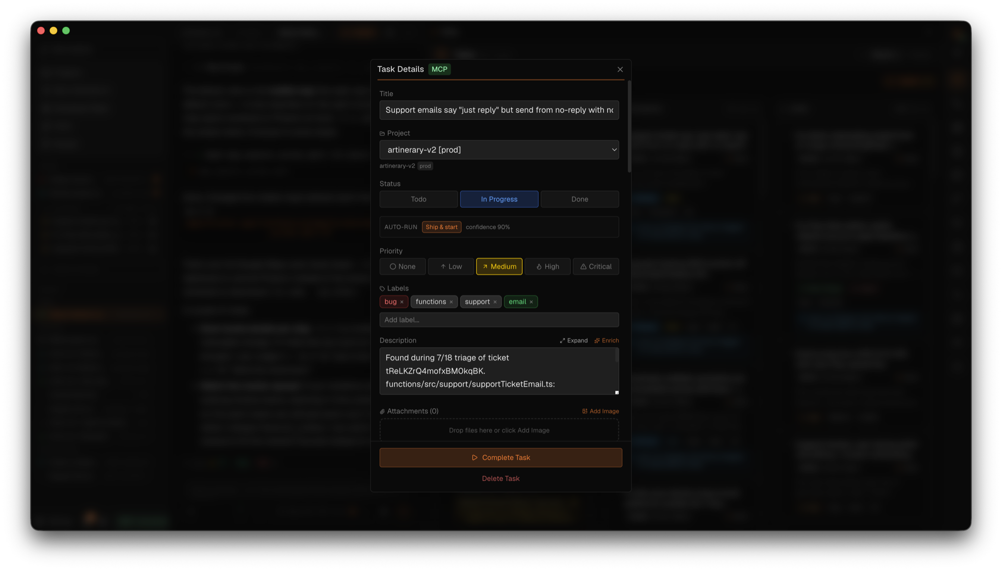 A task created through the CodeFire MCP server — status, priority, labels, and auto-run dispatch