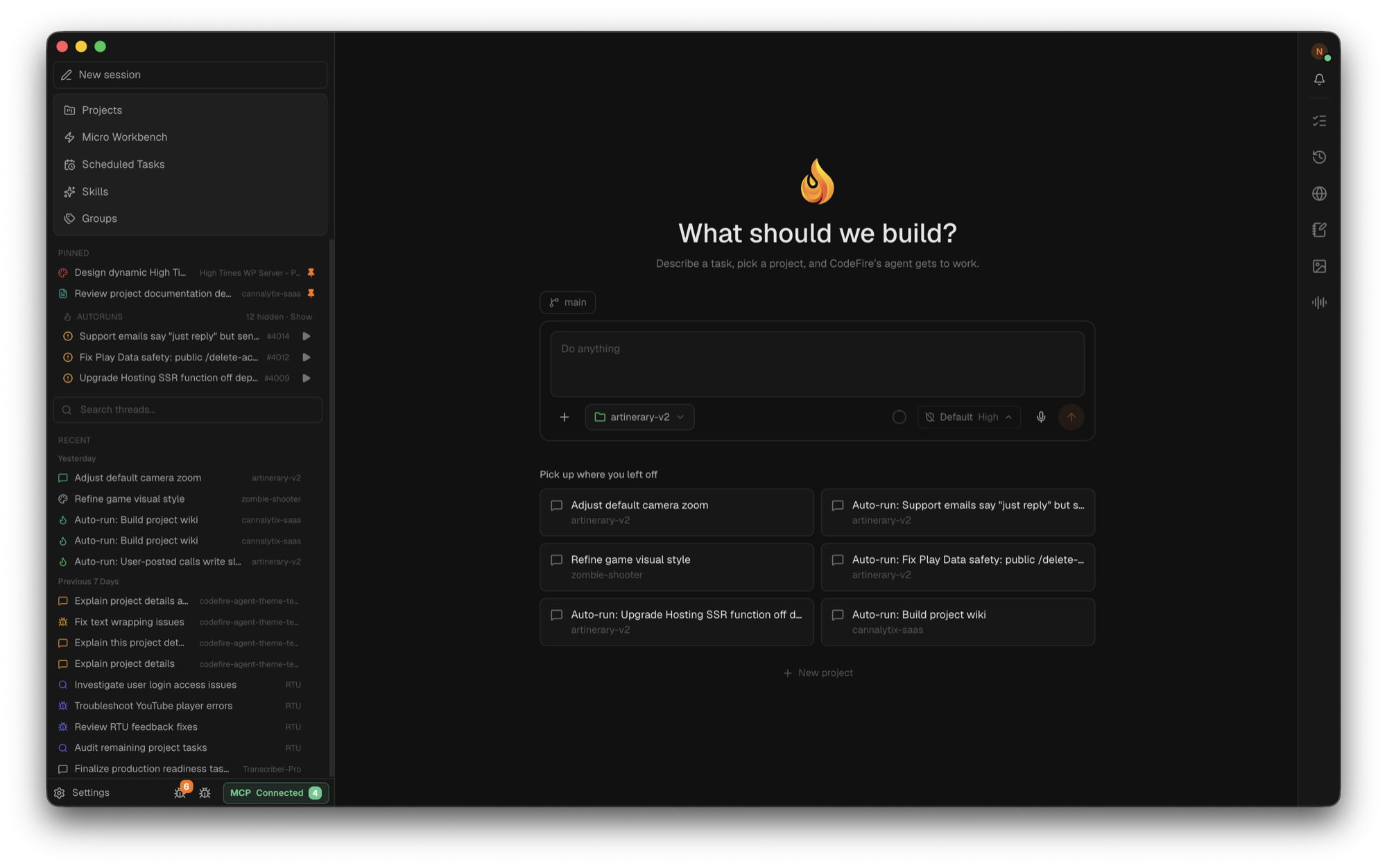 CodeFire home — task composer, pinned autoruns, and pick-up-where-you-left-off cards across projects
