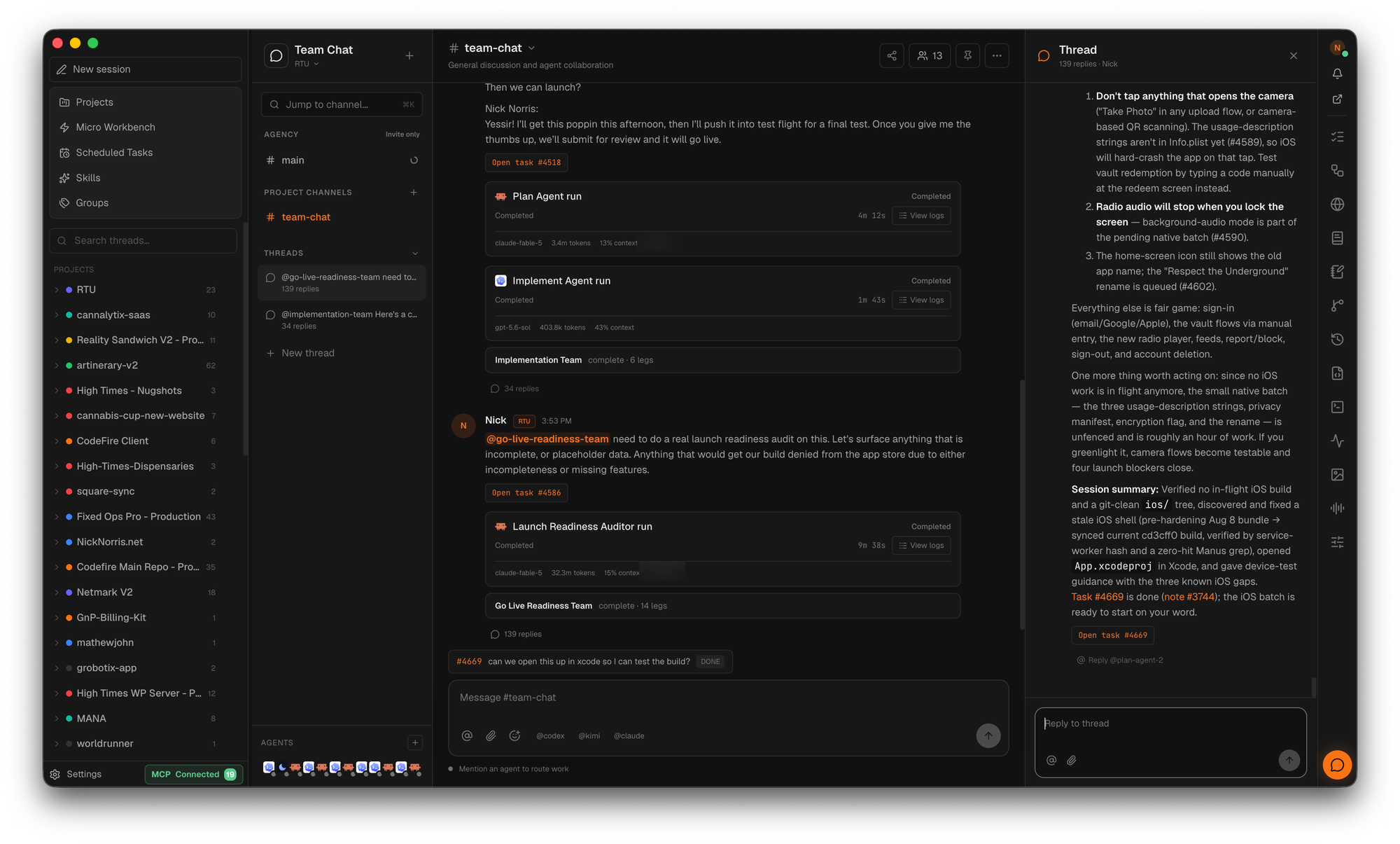 CodeFire Team Chat — a #team-chat channel with completed Plan and Implement agent runs, an agent team finishing 14 legs of work, and a threaded session summary