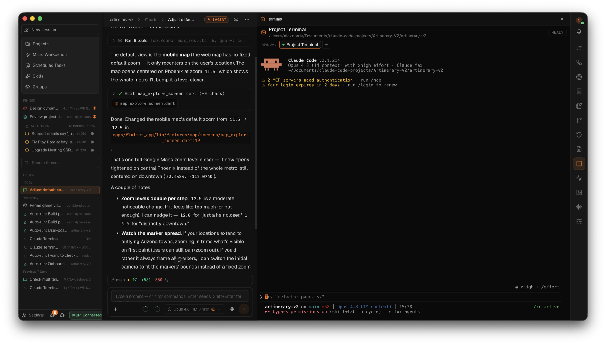 CodeFire terminal drawer running the real Claude Code CLI beside an agent chat session