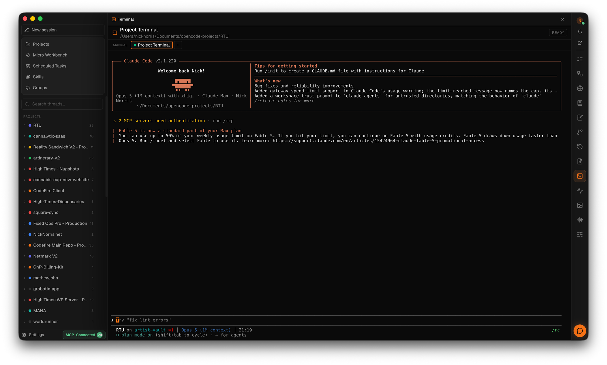 CodeFire project terminal running the real Claude Code CLI inside the workbench