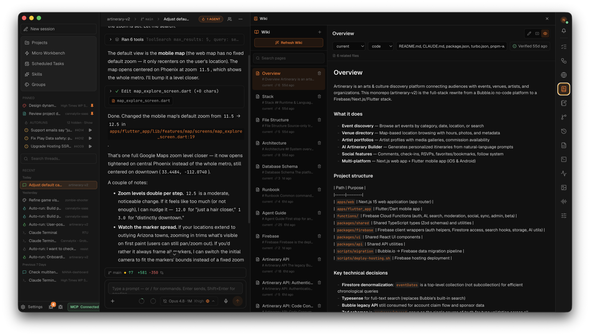 CodeFire Wiki — Overview page open with freshness status, verified badge, and a sidebar of current pages