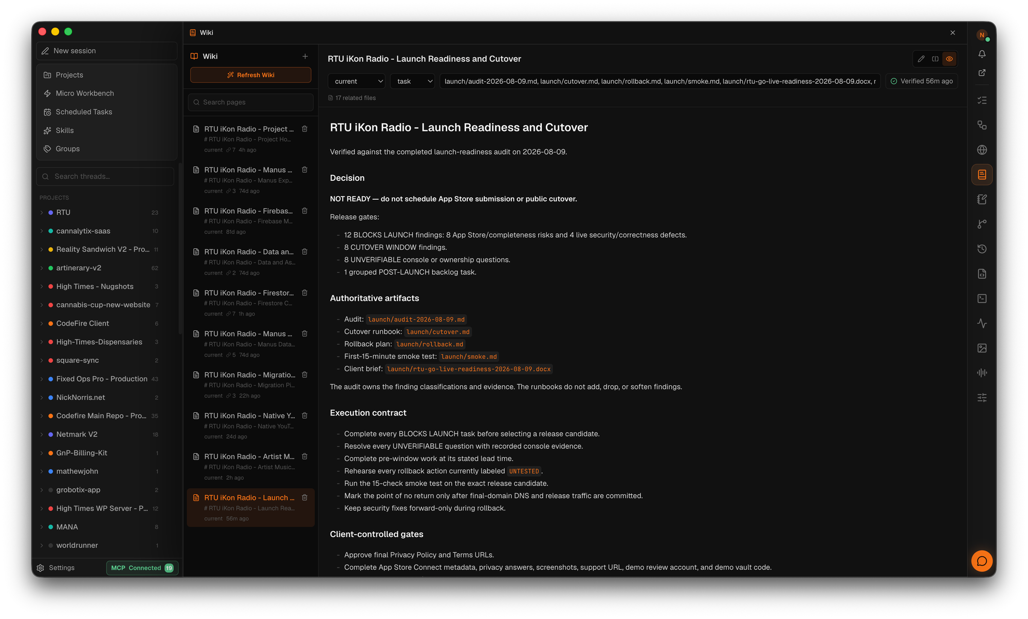 CodeFire Wiki — a client project's launch-readiness page, verified 56 minutes ago, with related files and a sidebar of current pages